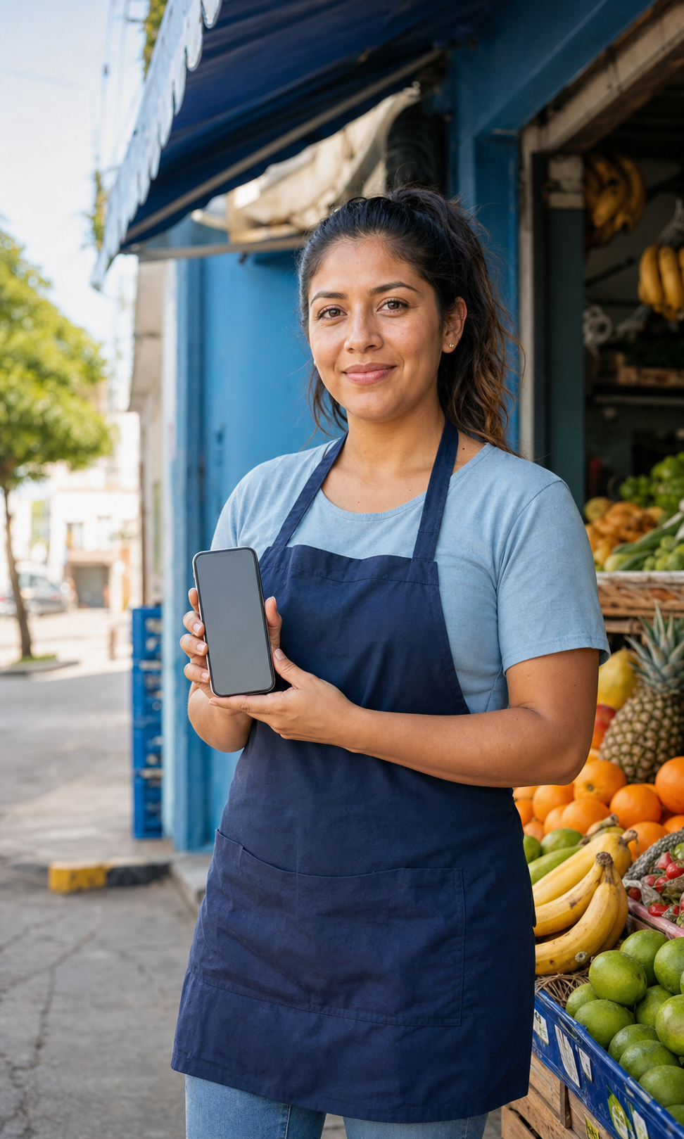 Emprendedora peruana mostrando su celular frente a su negocio